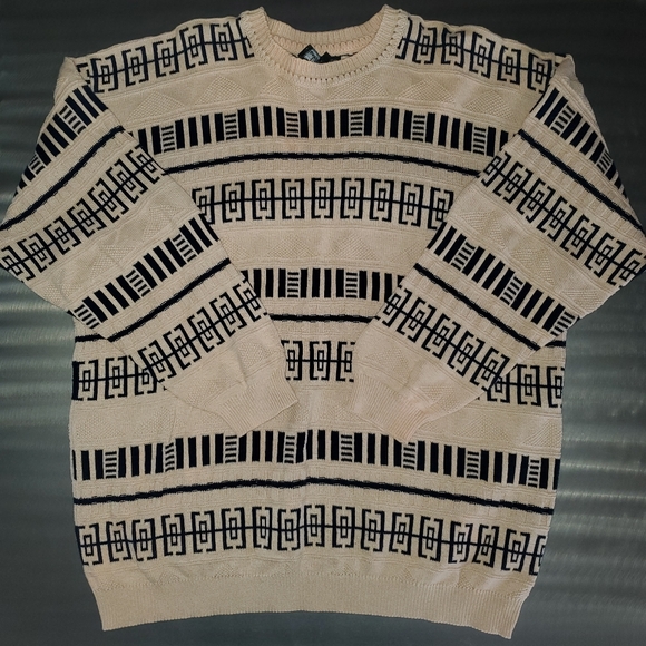 Vintage Dunhill Black Cream Geometric Sweater Textured Knit Scotland Large - Picture 1 of 10